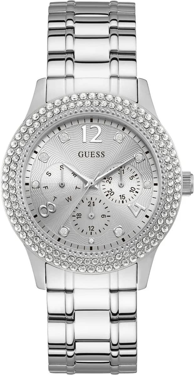 Garde-temps Guess W1097L1 pour femme, cadran argenté, bracelet acier inoxydable, finition Bedazzle