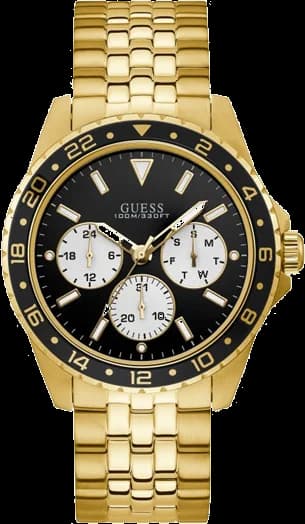 Garde-temps Guess W1107G4 pour homme, noir multifonction sur bracelet acier doré