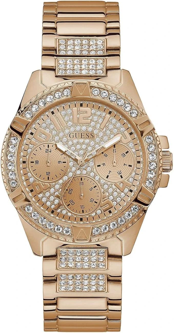 Garde-temps Guess W1156L3 pour femme, cadran or rose orné de strass sur acier