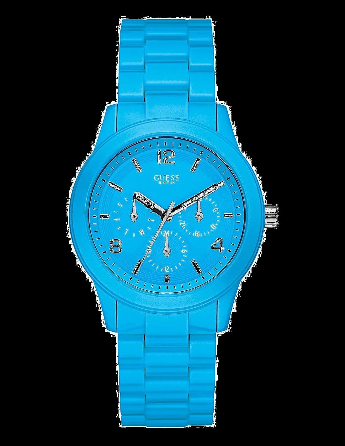 Garde-temps Guess W11603L5 pour femme, boîtier acier, cadran bleu, bracelet silicone bleu