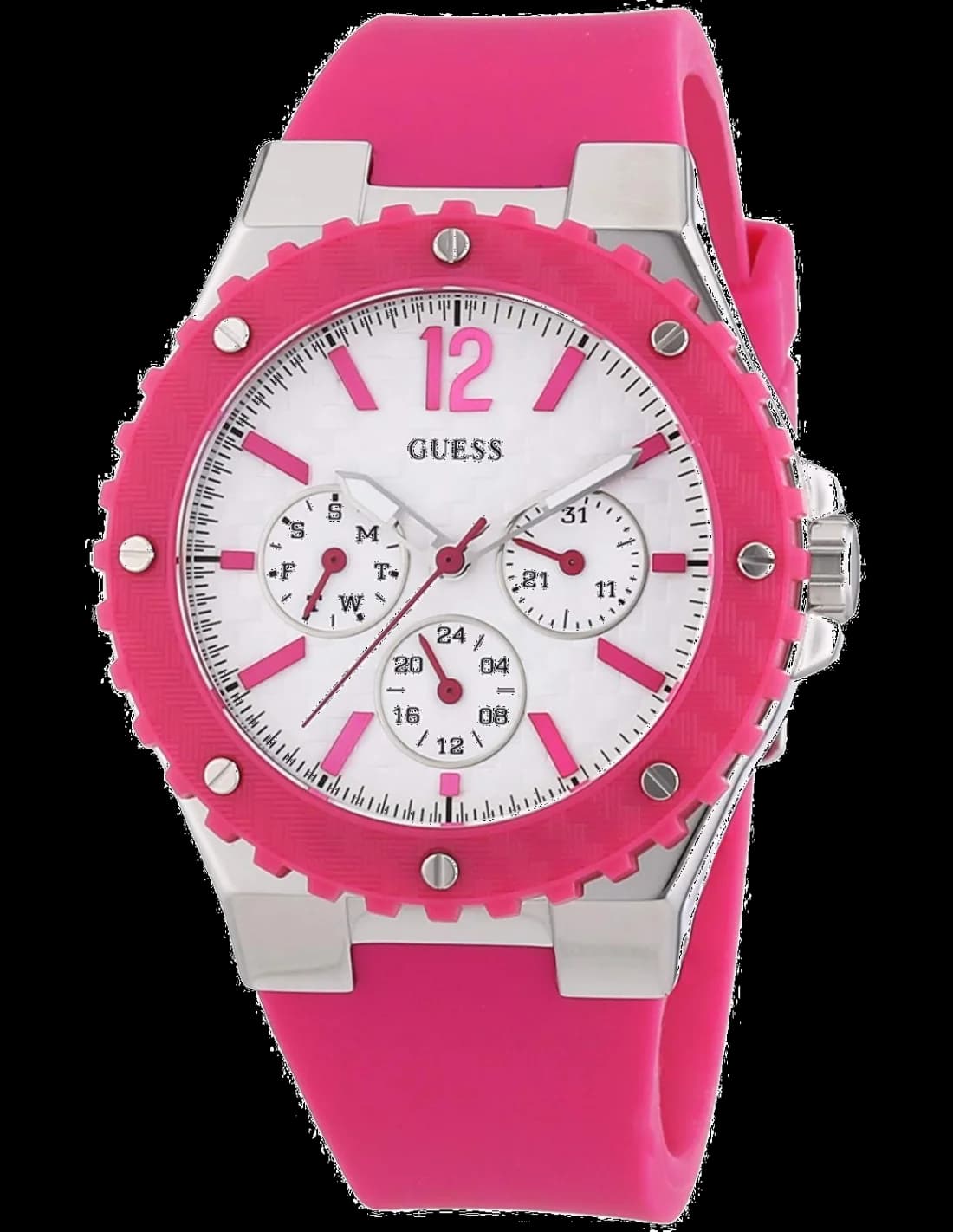 Garde-temps Guess W90084L2 pour femme, cadran blanc, bracelet silicone fuchsia