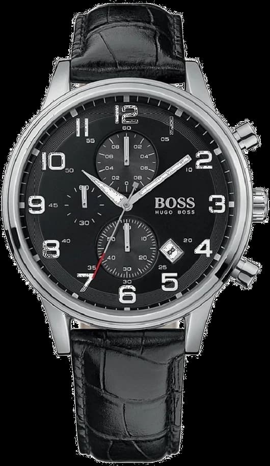 Garde-temps Hugo Boss 1512448 pour homme, bracelet cuir noir, cadran noir, boîtier acier