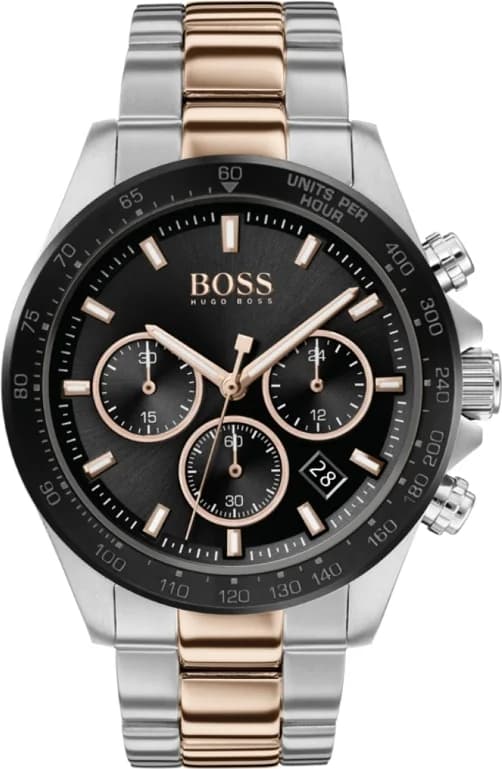 Garde-temps Hugo Boss 1513757 pour homme, cadran noir et éclats or rose sur acier bicolore