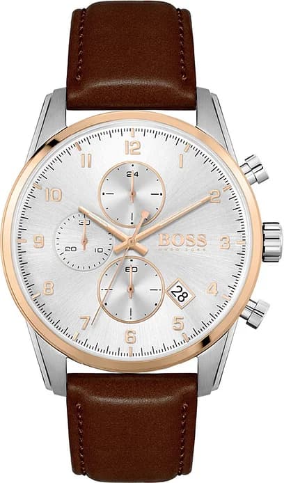 Garde-temps Hugo Boss 1513786 pour homme, cadran argenté et bracelet cuir marron