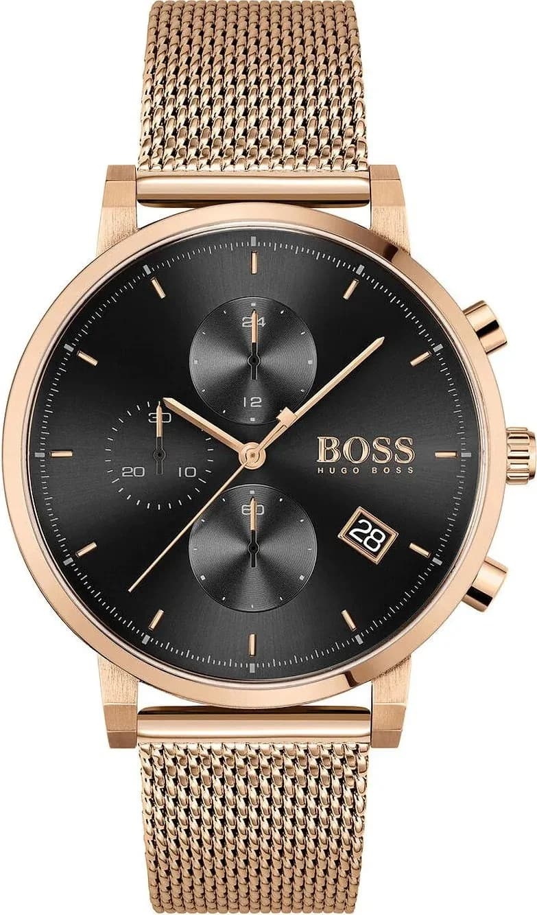 Garde-temps Hugo Boss 1513806 pour homme, bracelet maille milanaise or rose, cadran noir