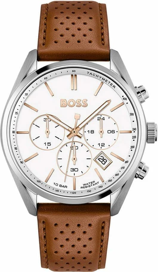 Garde-temps Hugo Boss 1513879 pour homme, bracelet cuir perforé marron cadran blanc