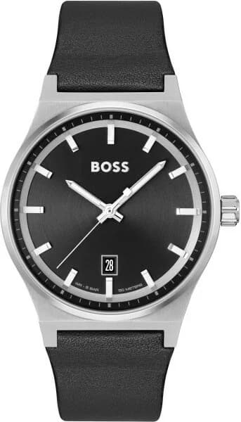 Garde-temps Hugo Boss 1514075 pour homme, cadran noir, bracelet cuir texturé