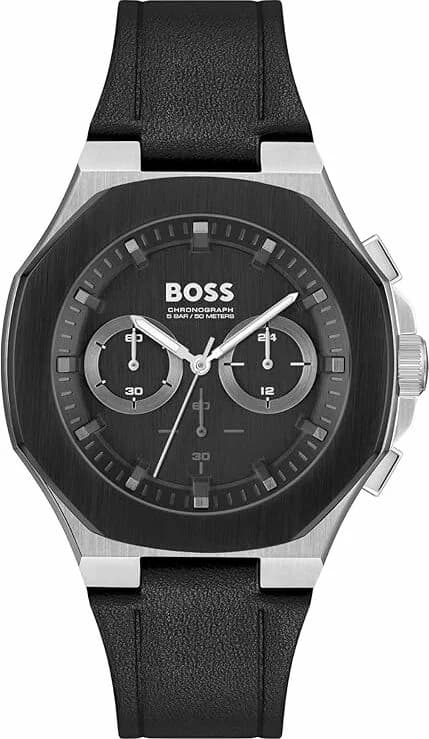 Garde-temps Hugo Boss 1514085 pour homme, chronographe à lunette octogonale et bracelet cuir noir