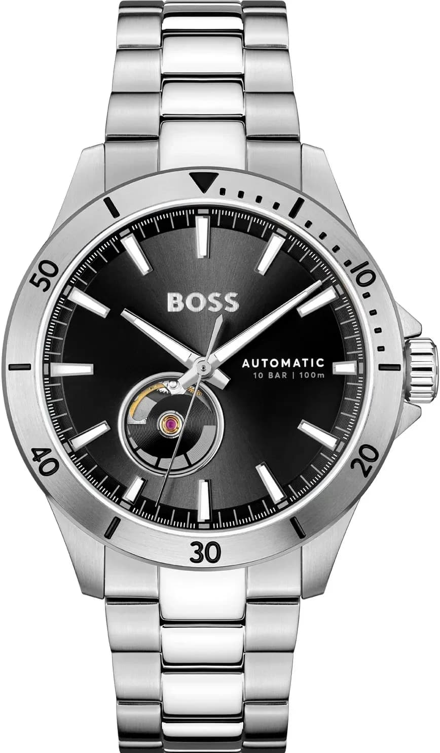 Garde-temps Hugo Boss 1514202 cadran noir soleillé, aiguilles bâton argentées, index appliqués, date à 3h, mouvement automatique
