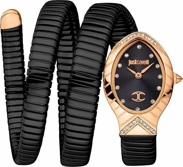 Garde-temps Just Cavalli JC1L248M0085 pour femme, signature snake acier noir et or rose