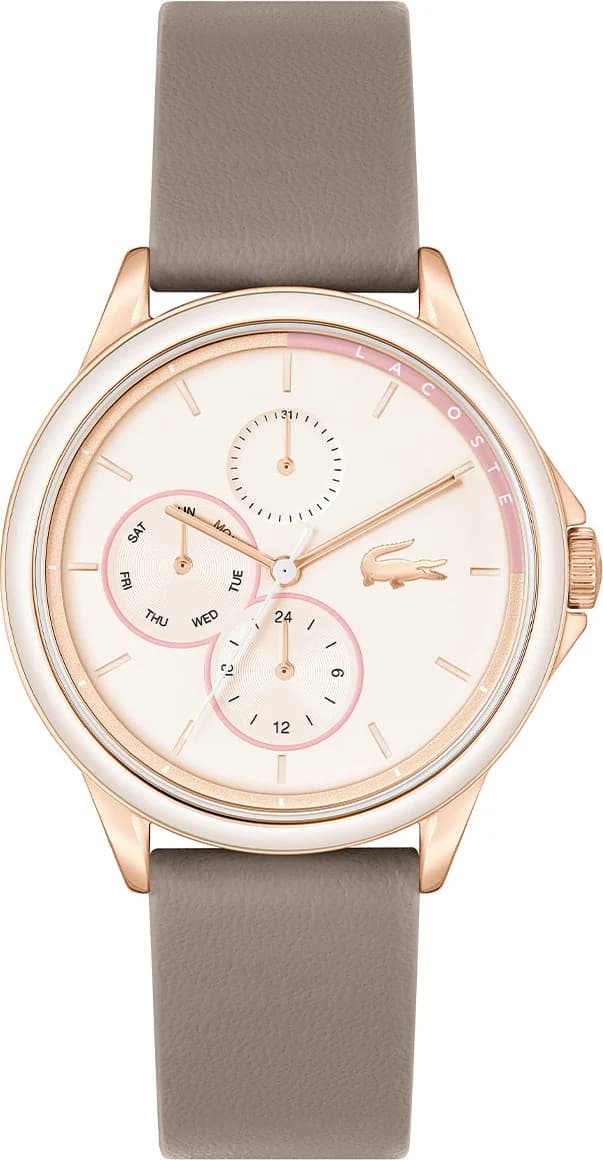 Garde-temps Lacoste 2001339 pour femme, cadran beige multifonctions sur cuir marron