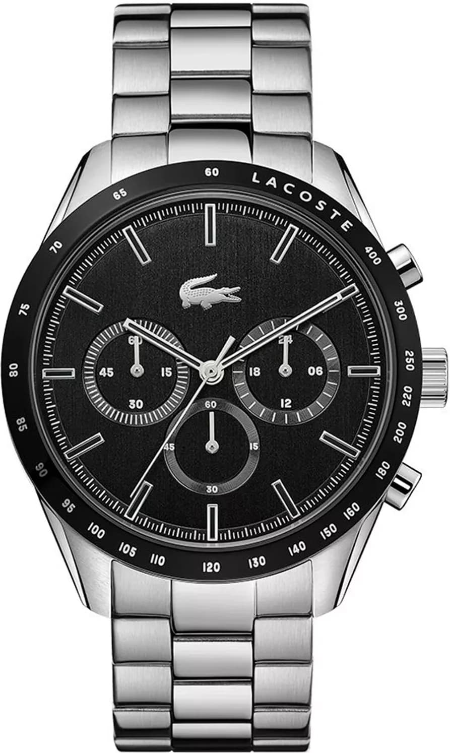 Garde-temps Lacoste 2011079 pour homme, bracelet acier argenté cadran noir multifonctions
