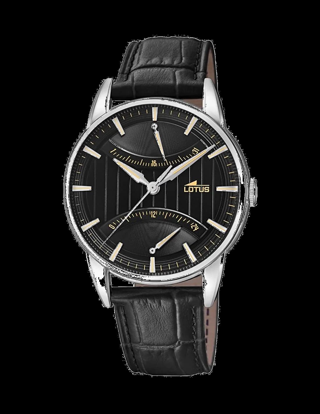 Garde-temps Lotus L18429/4 pour homme, boîtier noir, bracelet cuir noir, design minimaliste