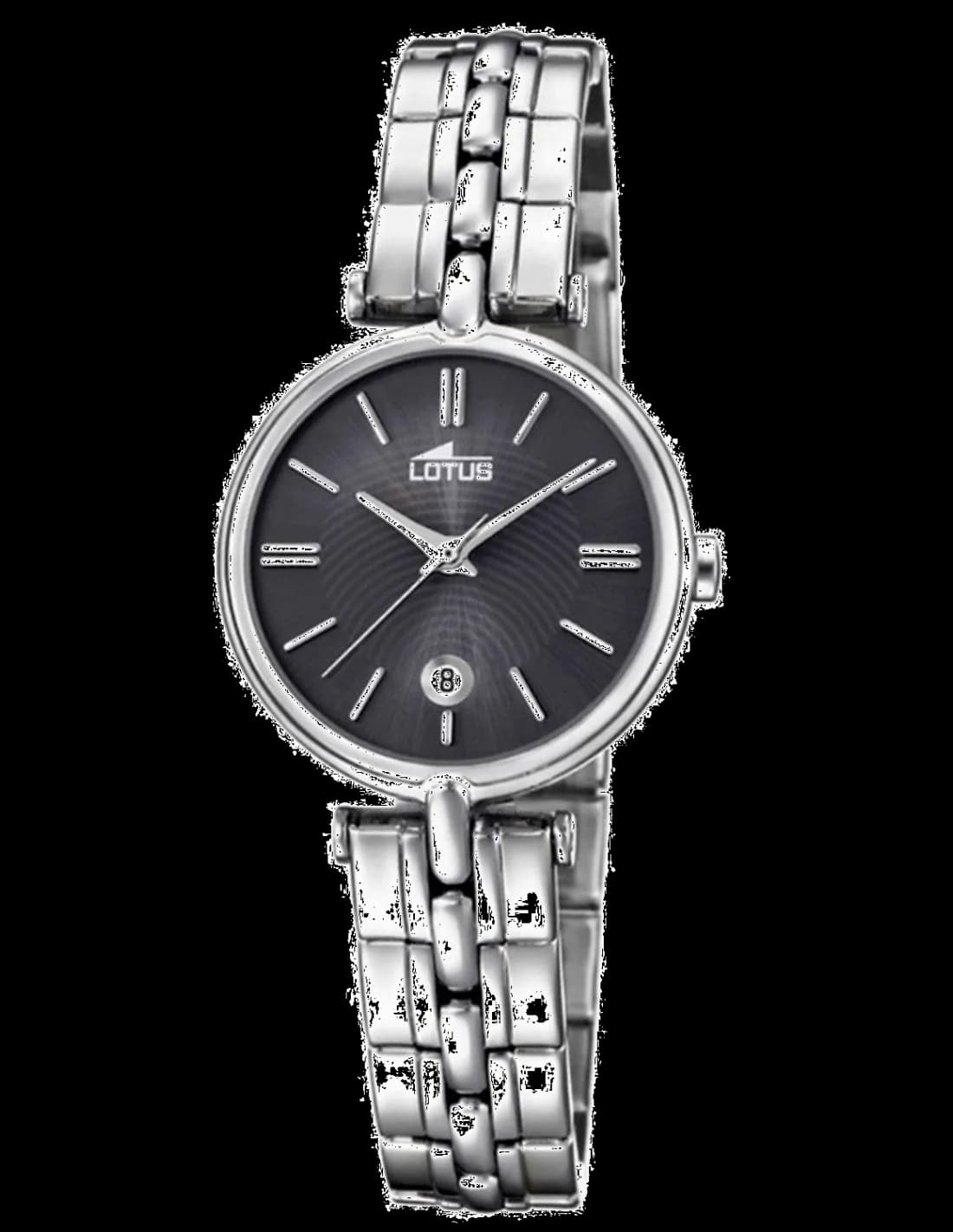 Garde-temps Lotus L18456/2 pour femme, cadran noir, bracelet acier argenté, contraste moderne