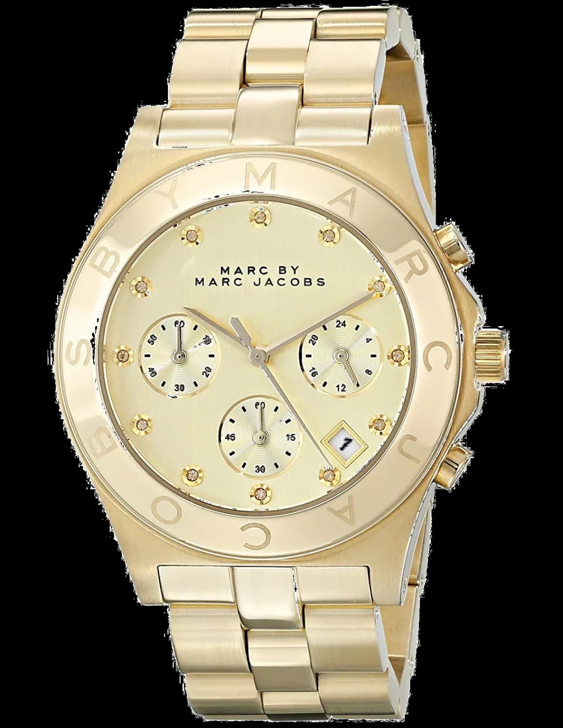 Garde-temps Marc Jacobs MBM3101 avec cadran doré soleil, aiguilles bâtons et index appliqués sur fond champagne