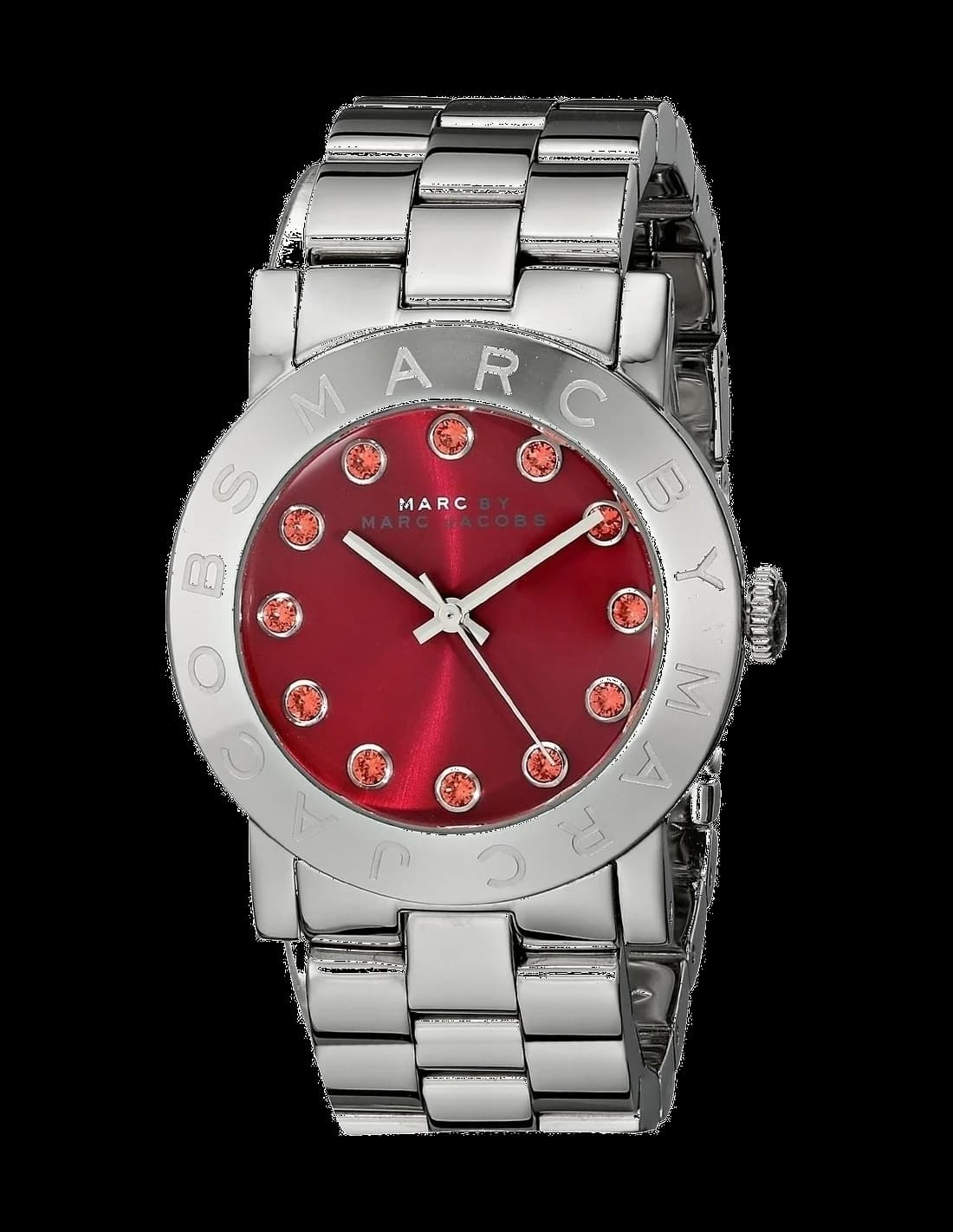 Garde-temps Marc Jacobs MBM3333 pour femme, cadran rouge avec cristaux sur acier argenté
