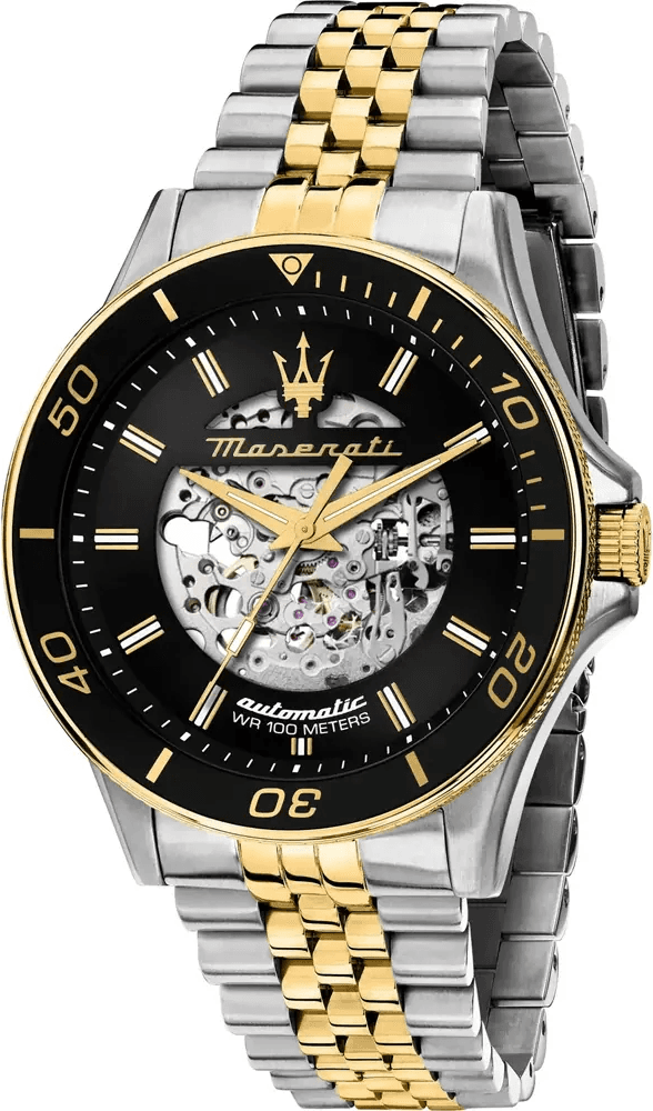 Garde-temps Maserati R8823140010 pour homme, cadran squelette noir, bracelet acier bicolore