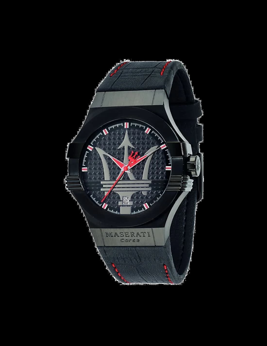 Garde-temps Maserati R8851108010 pour homme, cadran noir, bracelet cuir surpiqures rouges sport