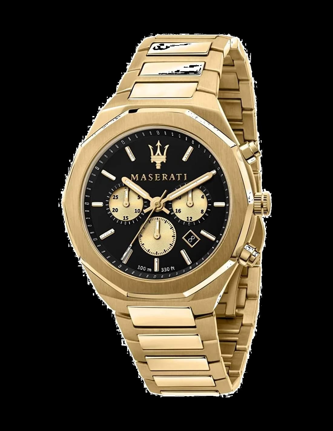 Garde-temps Maserati R8873642001 pour homme, cadran noir sur bracelet acier doré