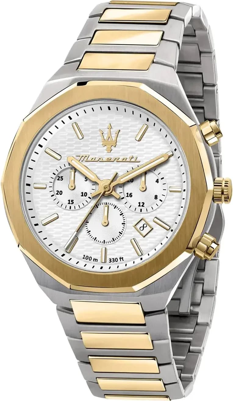 Garde-temps Maserati R8873642009 pour homme, cadran blanc, bracelet acier bicolore