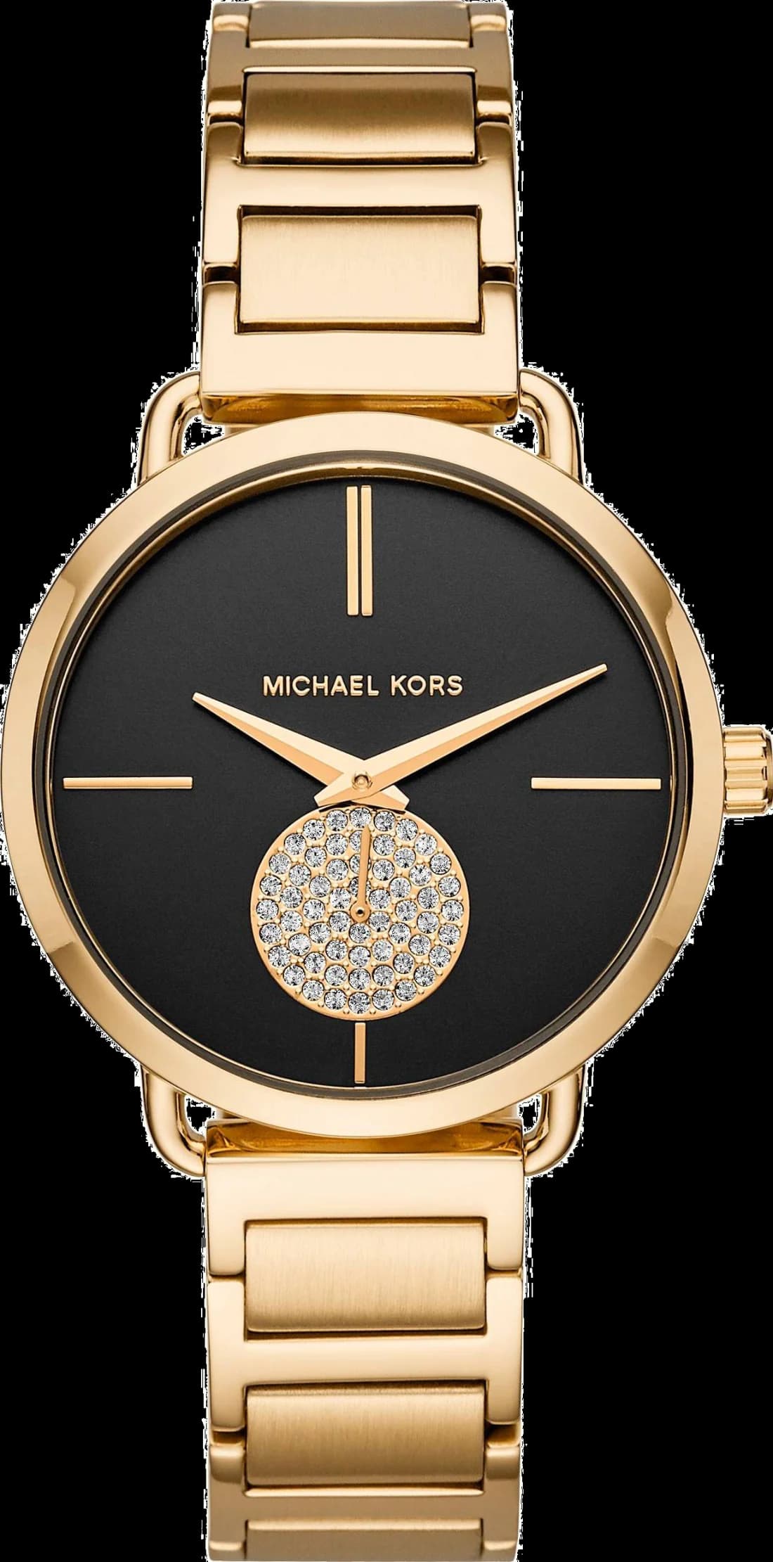 Garde-temps Michael Kors MK3788 pour femme, cadran noir sur boîtier acier doré