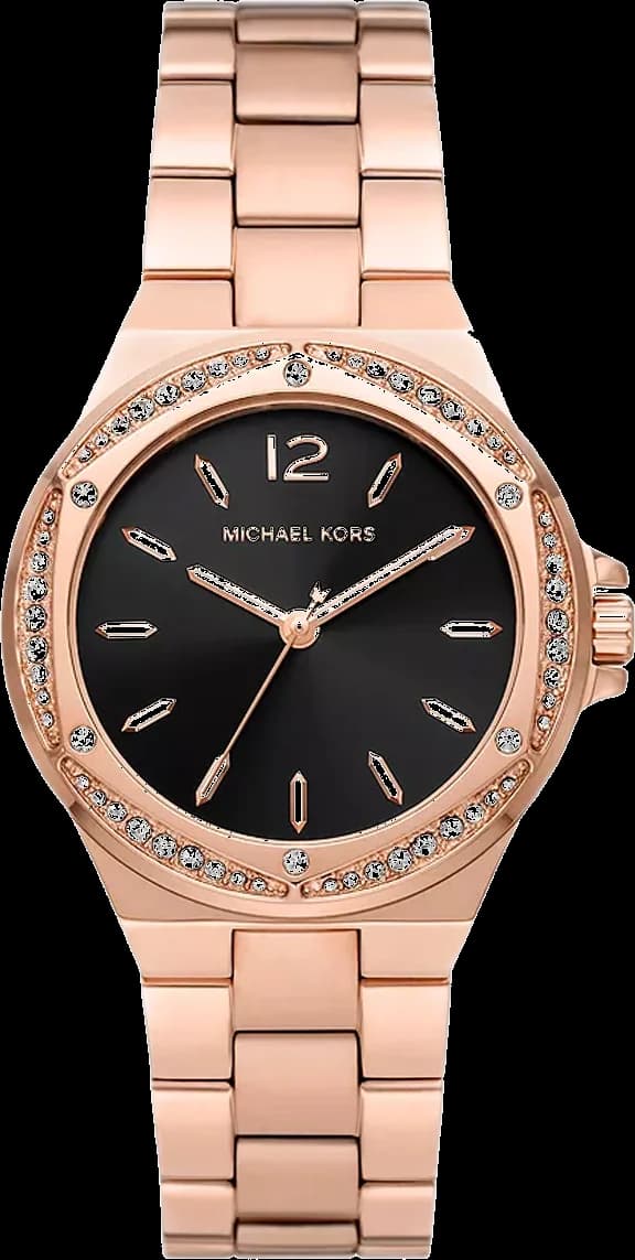 Garde-temps Michael Kors MK7233 pour femme, cadran noir, bracelet acier doré rose