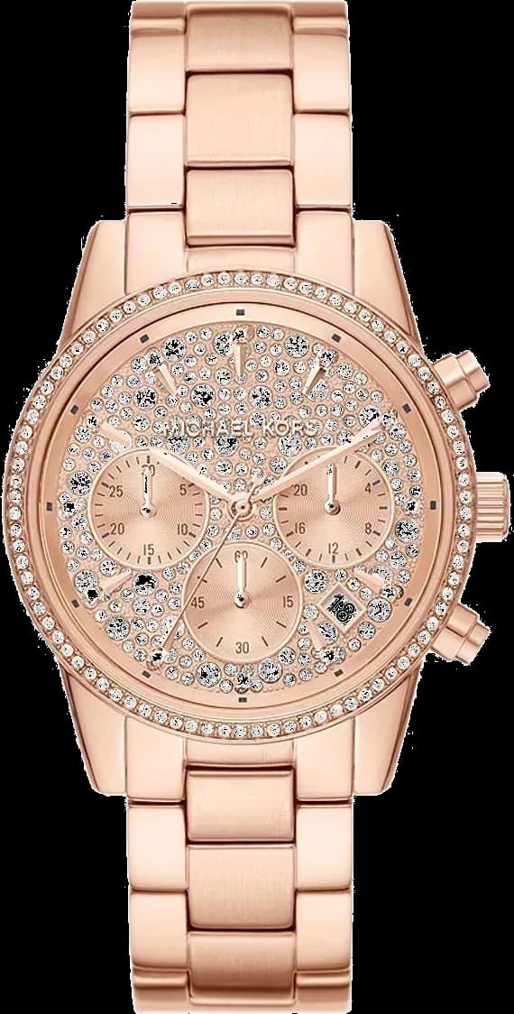 Garde-temps Michael Kors MK7302 au cadran blanc nacré, aiguilles dorées et index cristaux pour un style élégant