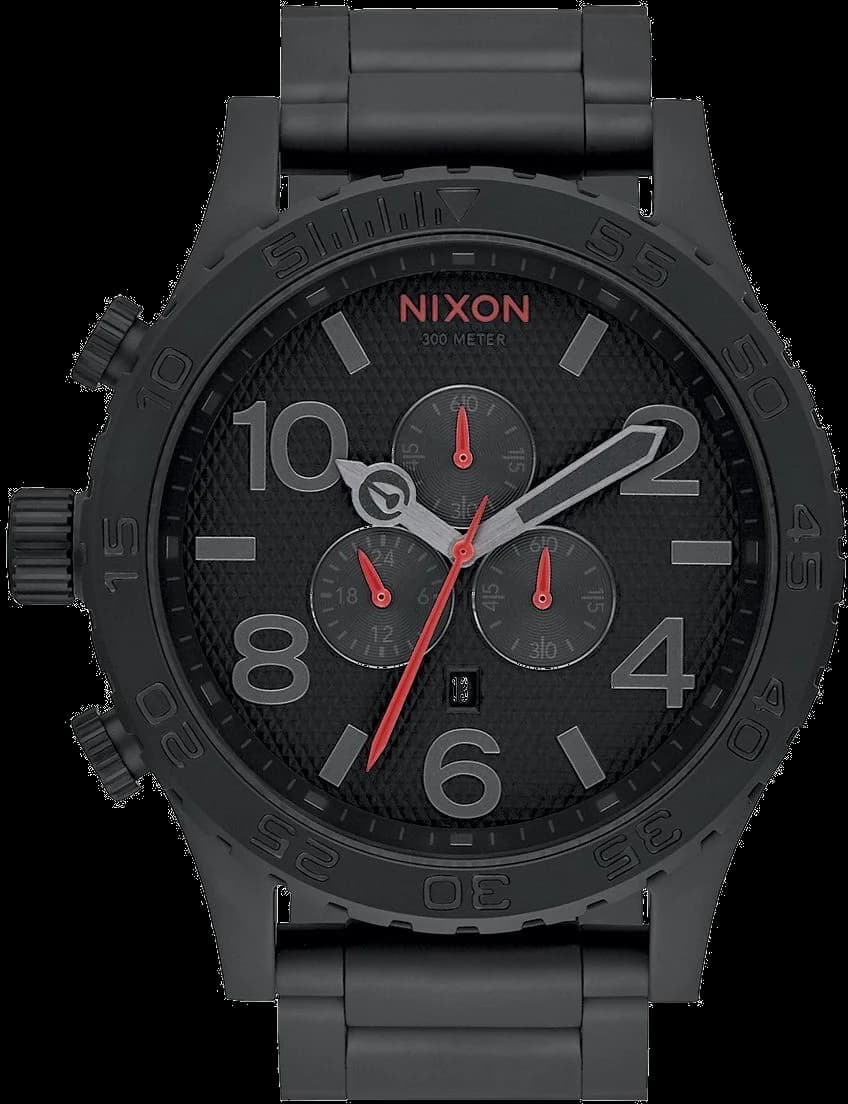 Garde-temps Nixon A083-2298 arborant un cadran noir mat contrasté par des compteurs blancs et une lunette tachymétrique