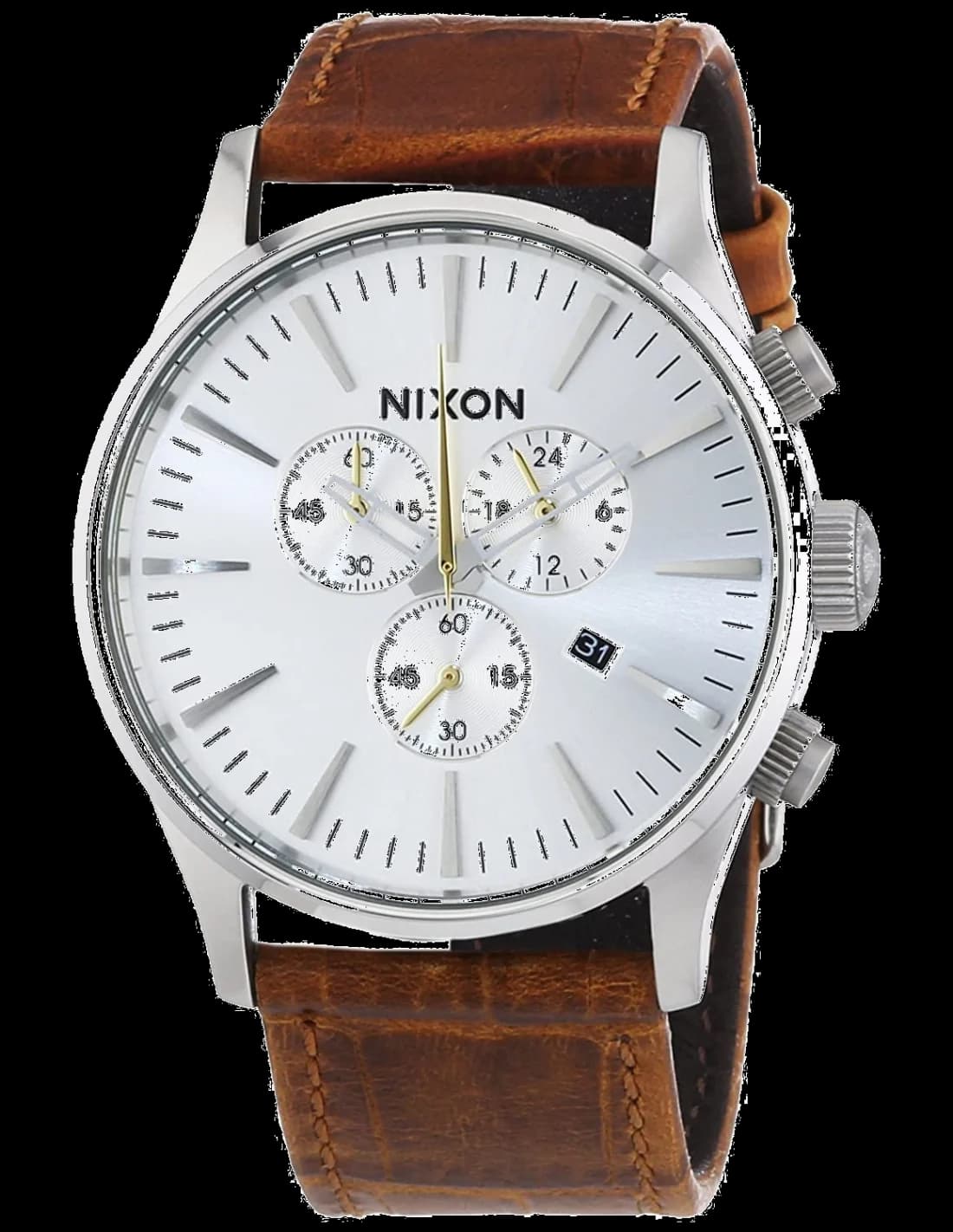 Garde-temps Nixon A405-1888 pour homme, bracelet cuir marron, cadran argent classique