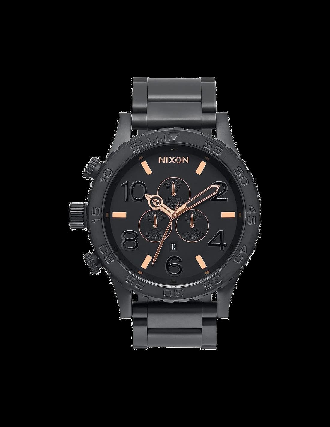 Garde-temps Nixon A083-957 pour homme, cadran noir cerclé or rose sur acier