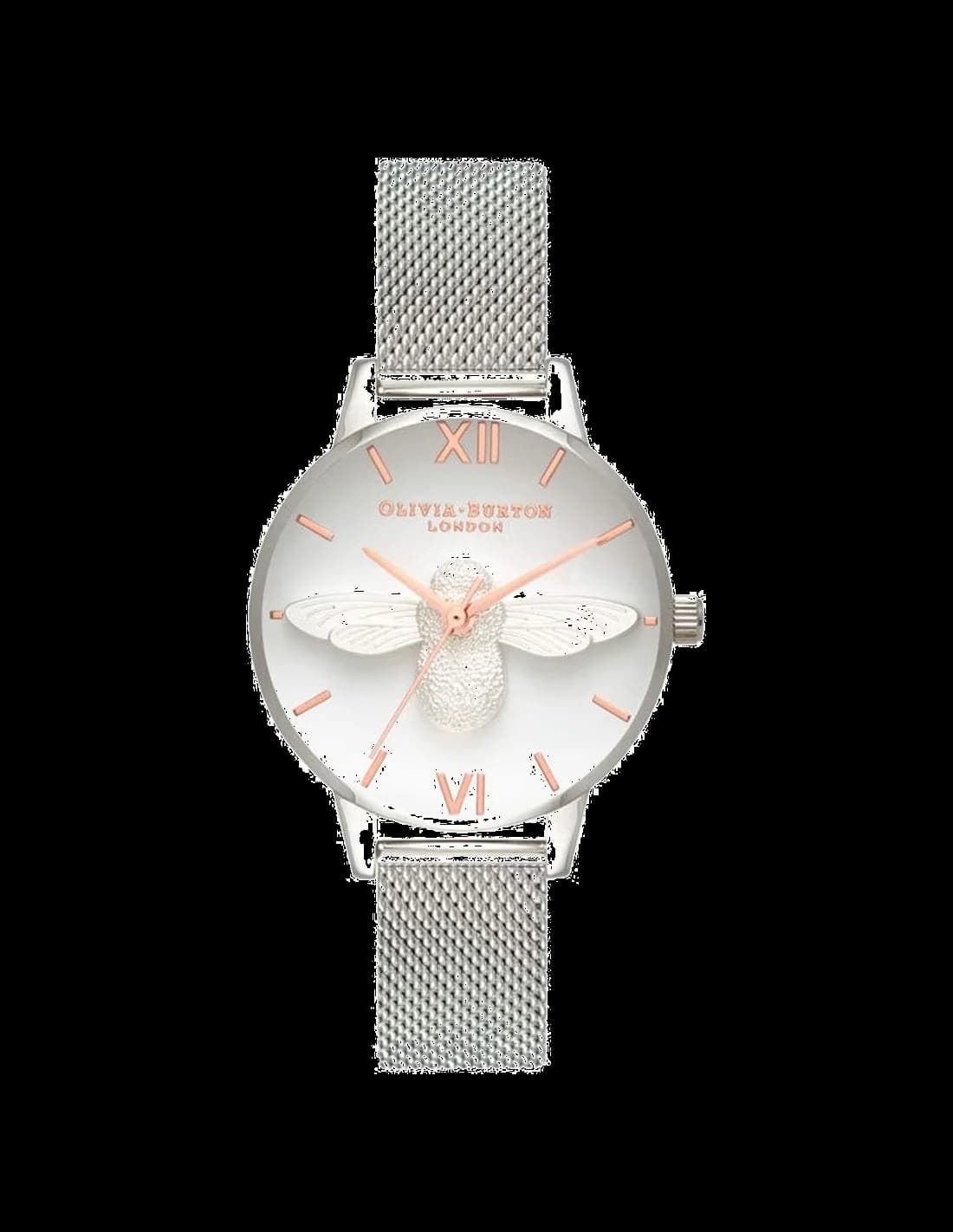 Garde-temps Olivia Burton OB16AM146 pour femme, cadran blanc avec abeille 3D et maille milanaise