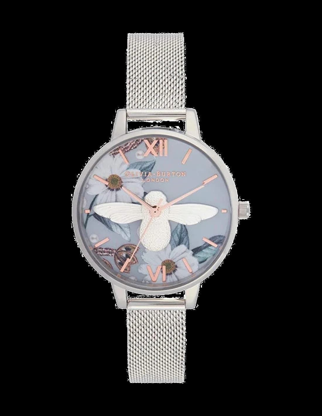 Garde-temps Olivia Burton OB16BF18 pour femme, cadran bleu avec abeille 3D et maille milanaise dorée