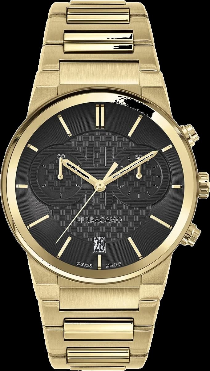 Garde-temps Salvatore Ferragamo 611224 766037 pour homme, cadran noir, boîtier acier IP or jaune