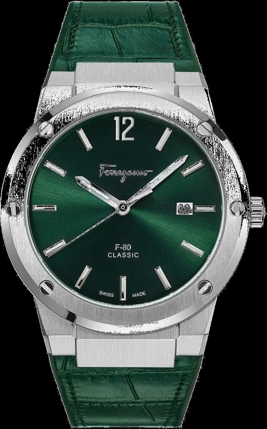 Garde-temps Salvatore Ferragamo SFDT00119 pour homme, cadran vert sur bracelet silicone croco