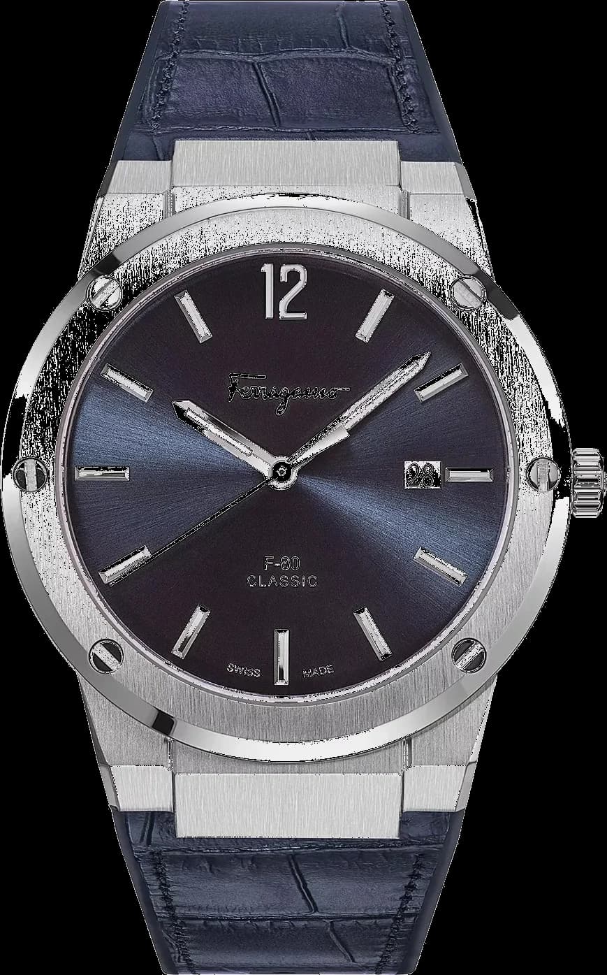Garde-temps Salvatore Ferragamo SFDT00319 pour homme, cadran bleu sur bracelet motif croco