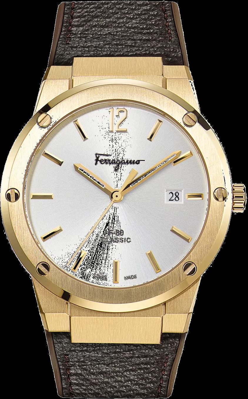 Garde-temps Salvatore Ferragamo SFDT00819 pour homme, cadran blanc sur bracelet silicone marron