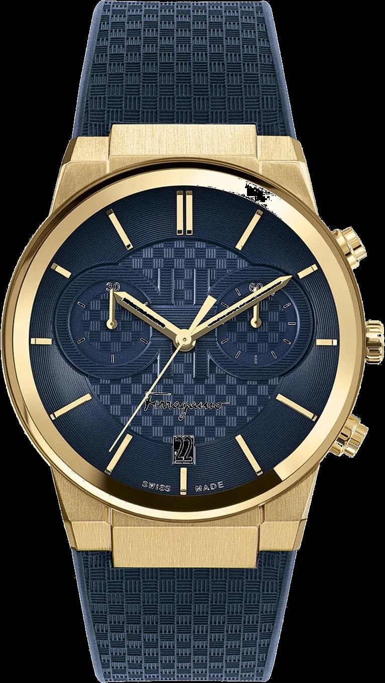 Garde-temps Salvatore Ferragamo SFME00221 pour homme, chronographe bleu et or bracelet silicone