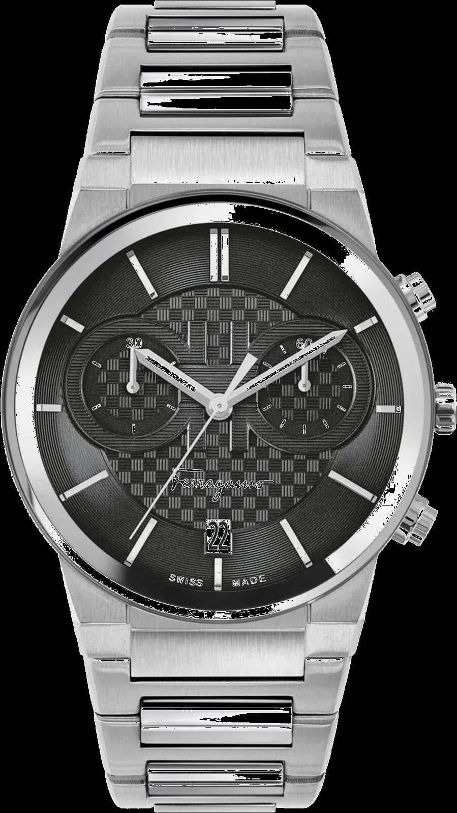 Garde-temps Salvatore Ferragamo SFME00321 pour homme, chronographe élégant cadran noir sur acier