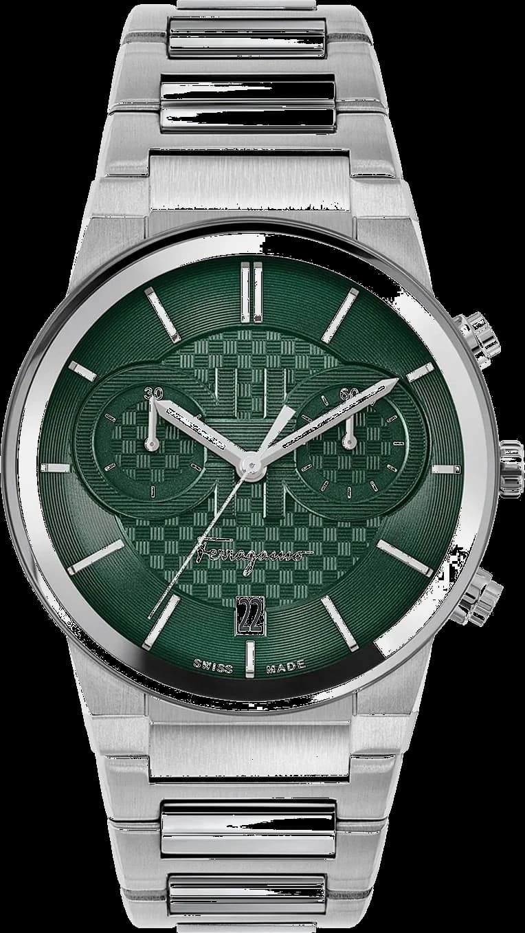 Garde-temps Salvatore Ferragamo SFME00421 pour homme, chronographe sportif cadran vert sur bracelet acier