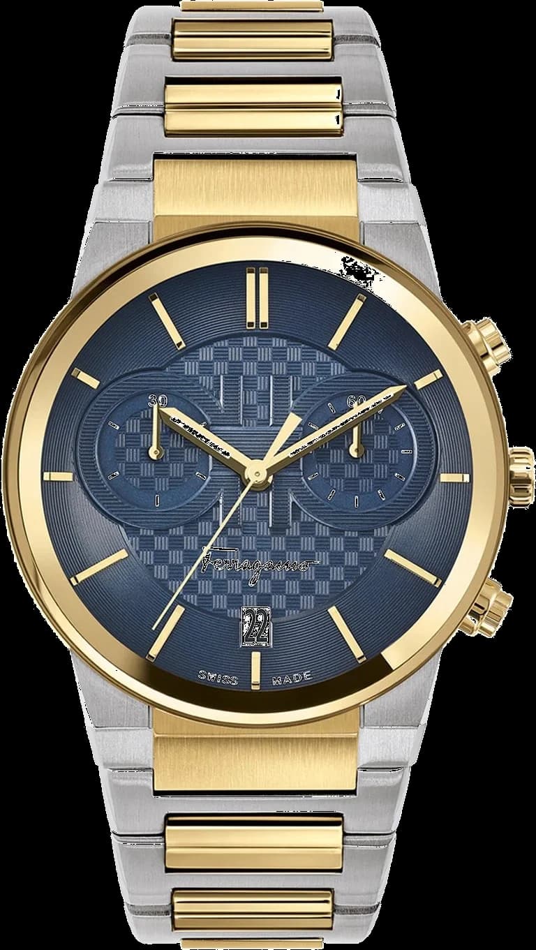 Garde-temps Salvatore Ferragamo SFME00521 pour homme, chronographe bicolore cadran noir acier