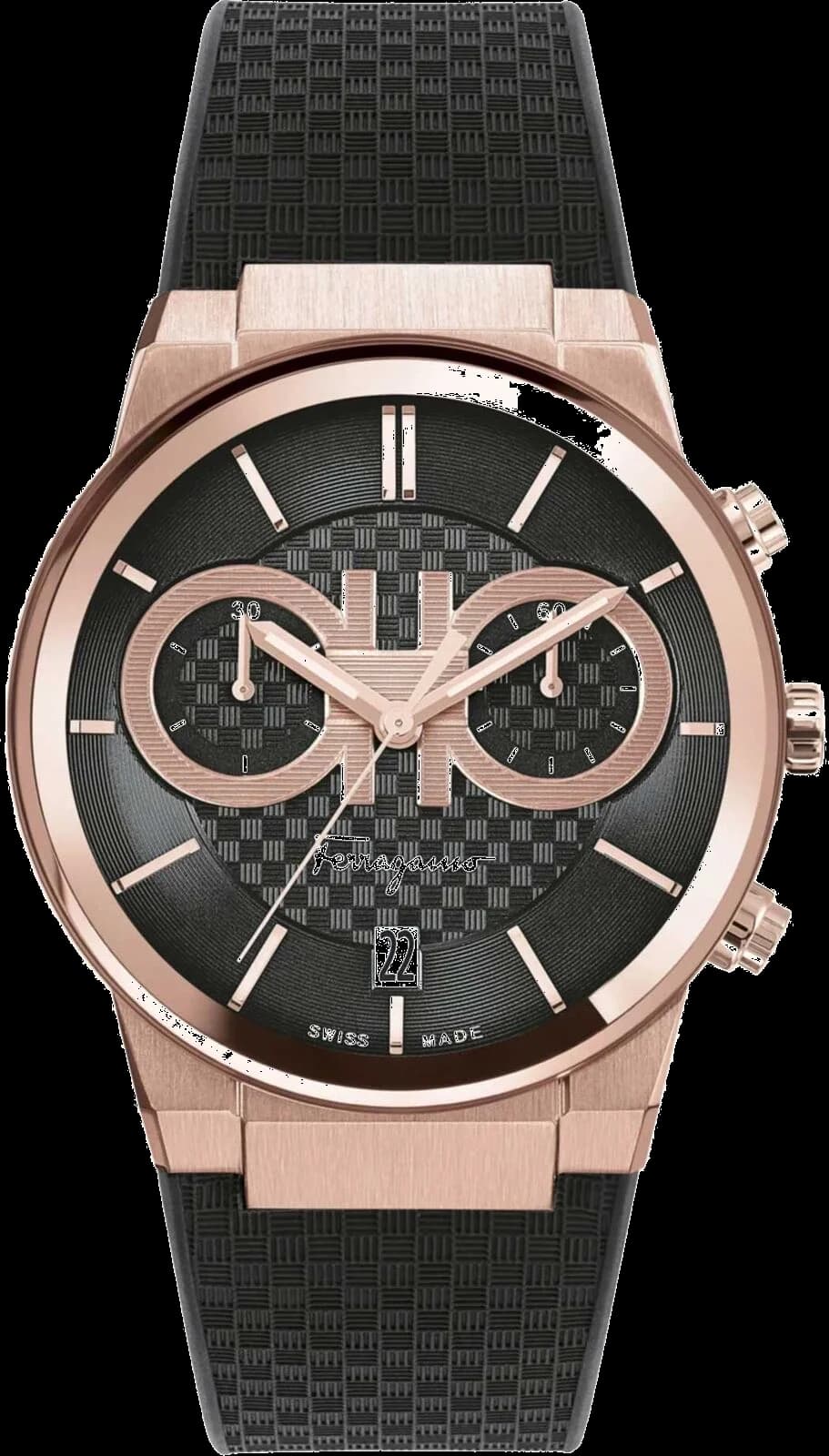 Garde-temps Salvatore Ferragamo SFME00721 pour homme, chronographe or rose silicone noir