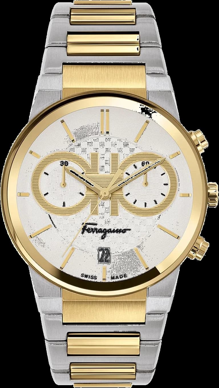 Garde-temps Salvatore Ferragamo SFME00821 pour homme, chronographe bicolore cadran argenté acier