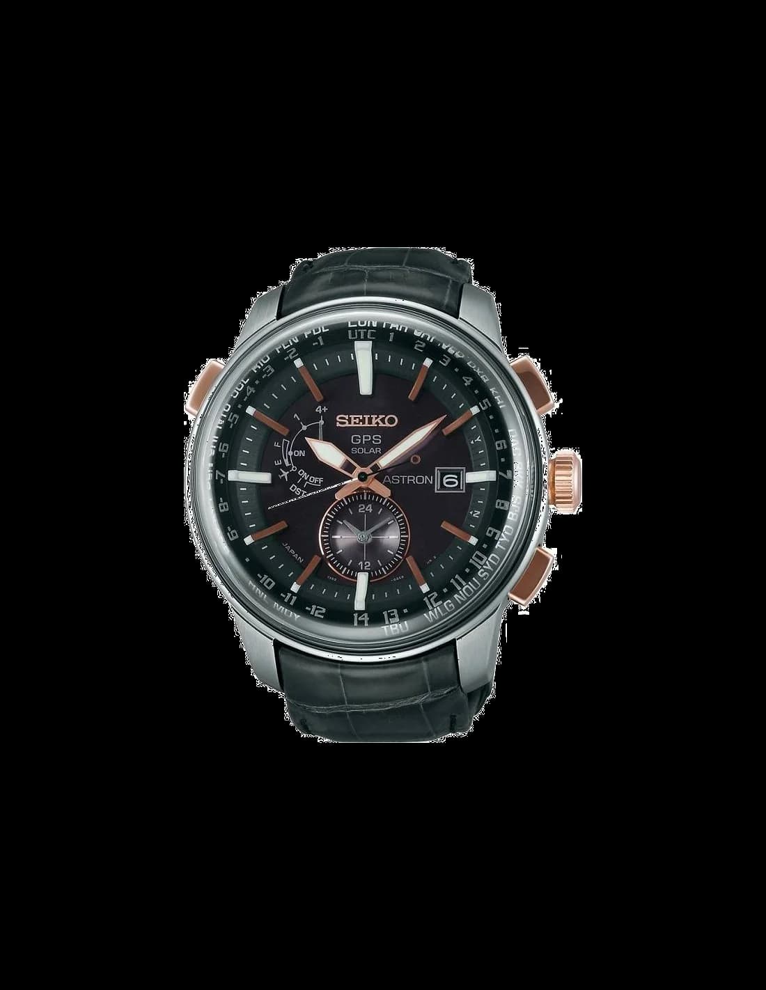 Garde-temps Seiko SAS038J1 pour homme, cadran noir et bracelet cuir crocodile