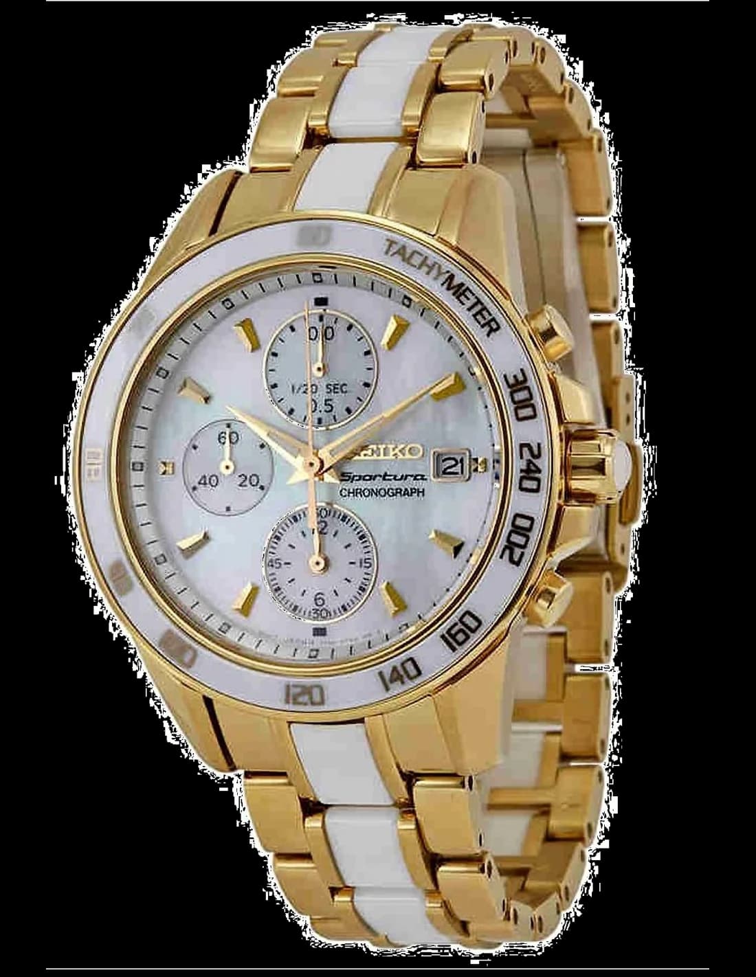 Garde-temps Seiko SNDX02P1 pour femme, sportura dorée et blanche avec tachymètre