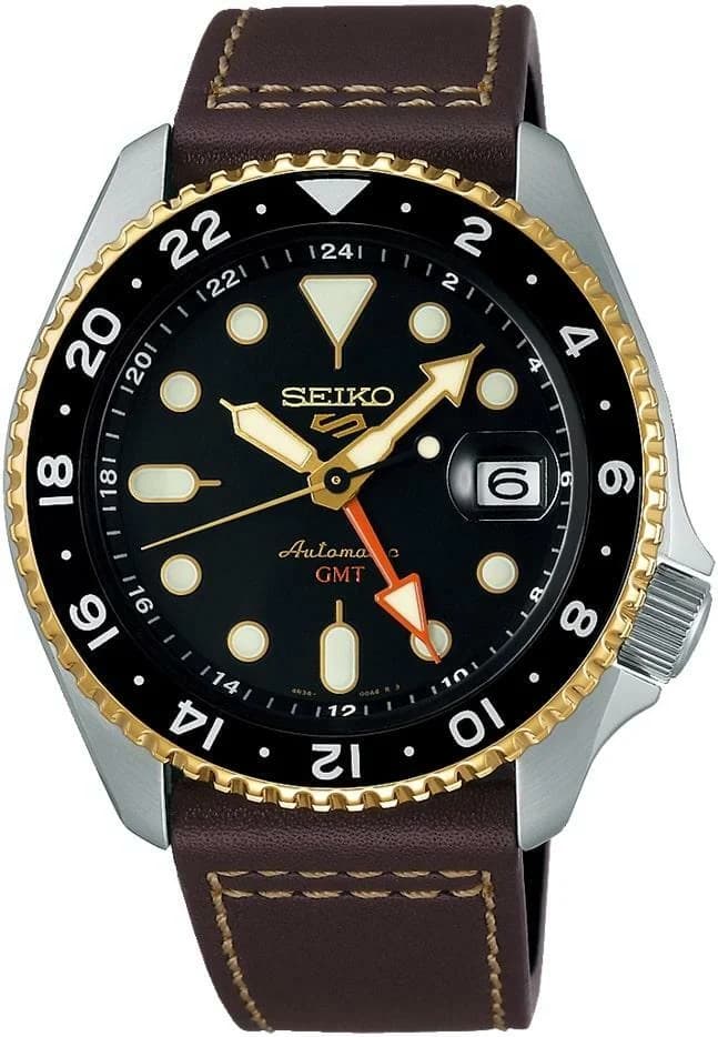 Garde-temps Seiko SSK036K1 pour homme, noir, cuir marron, mouvement automatique GMT