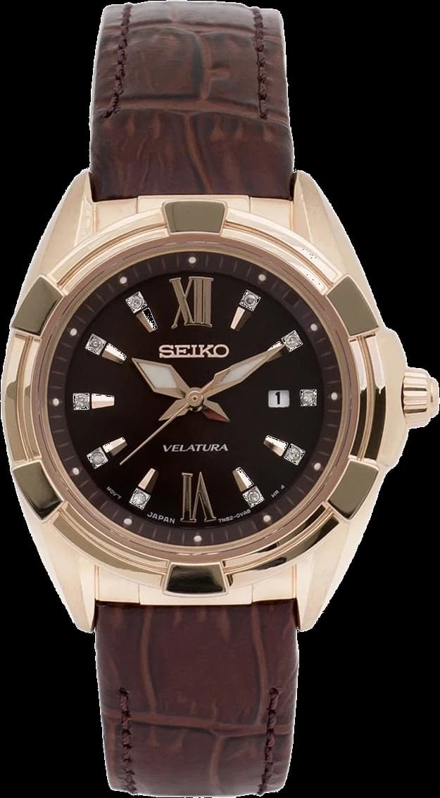 Garde-temps Seiko SXDG12P1 pour femme, cadran marron, bracelet cuir diamants