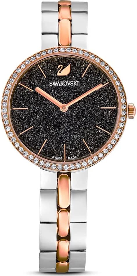 Garde-temps Swarovski 111444 pour femme, cadran noir poudre de diamants sur bracelet acier bicolore