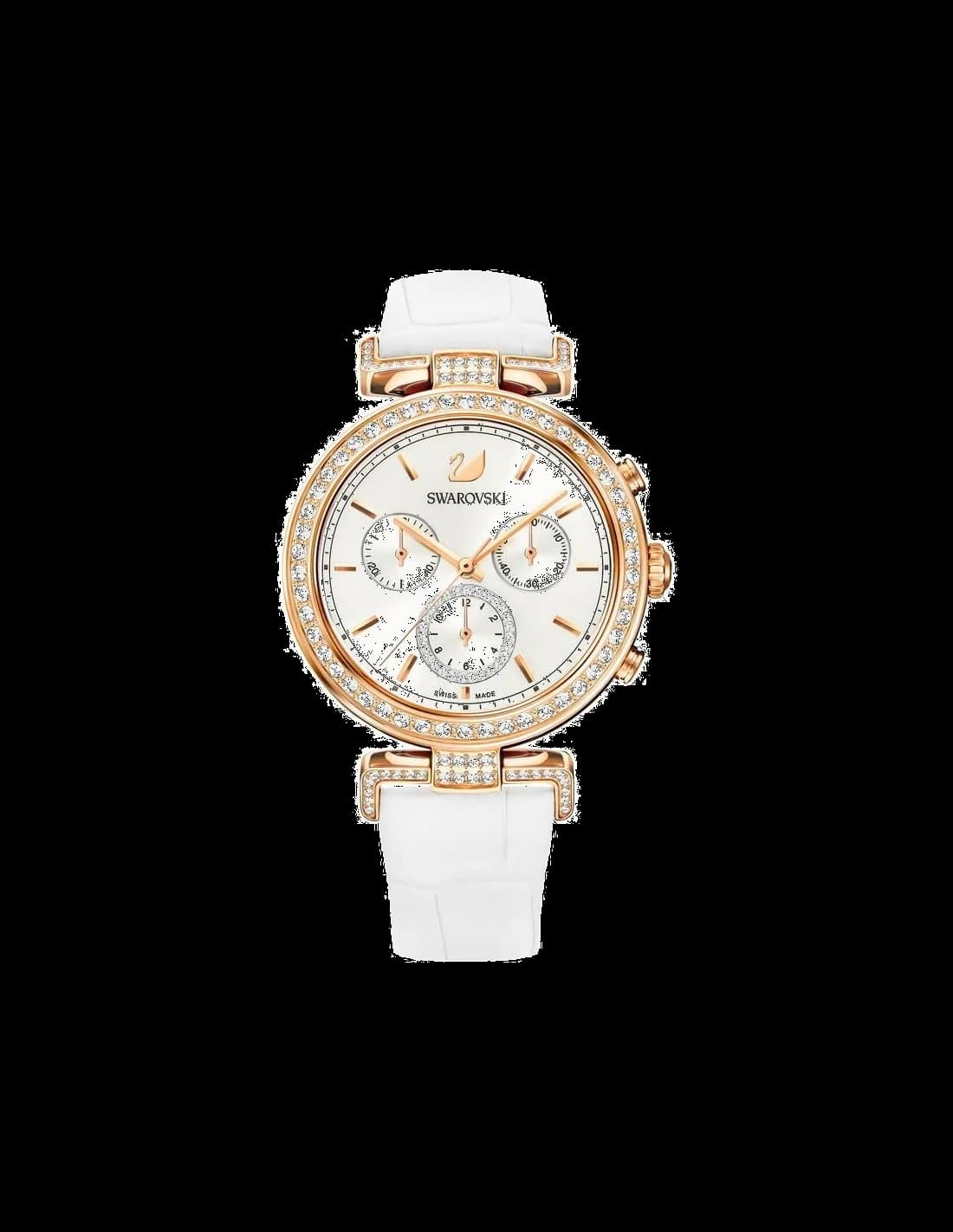 Garde-temps Swarovski 5295369 pour femme, cadran blanc et bracelet en cuir blanc avec diamants