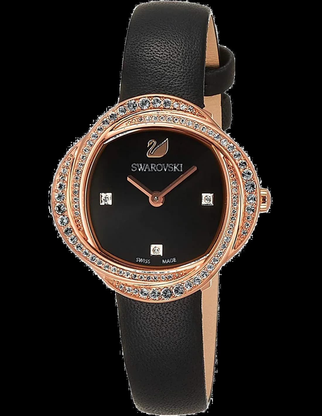 Garde-temps Swarovski 5552421 pour femme, cadran noir et bracelet cuir noir fleuri