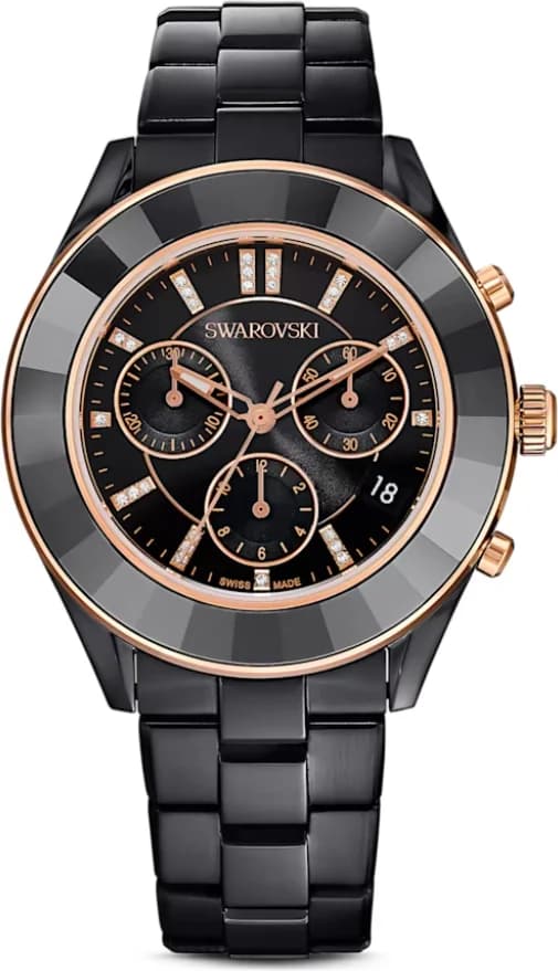 Garde-temps Swarovski 5610472 au cadran noir éclatant avec index baguette et aiguilles rhodiées, style sport-chic